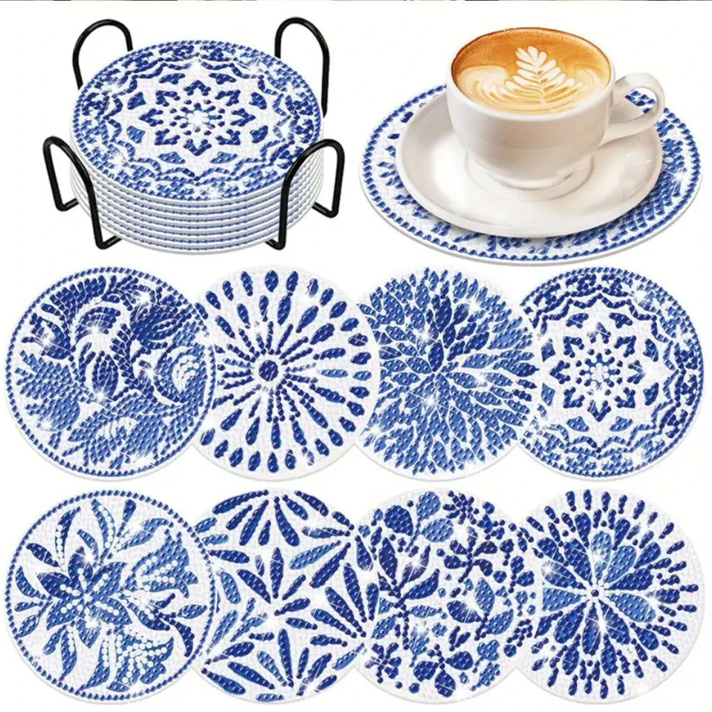 Sous-Verres Diamond Painting Porcelaine Bleue — Lot de 8