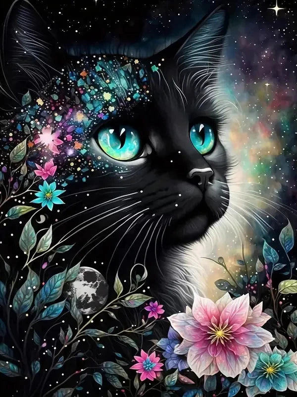 Diamond Painting Chat Noir et Fleurs