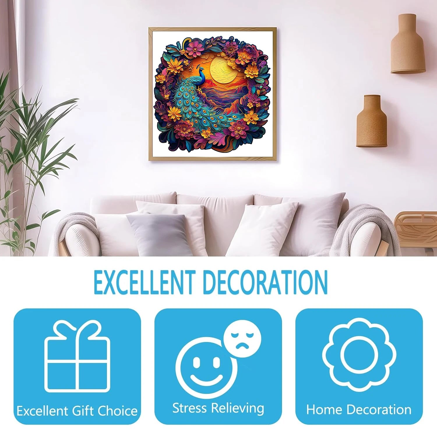 Puzzle en Bois Paon en Couronne de Fleurs
