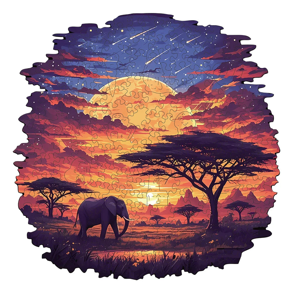 Puzzle en Bois Éléphant au Couchant