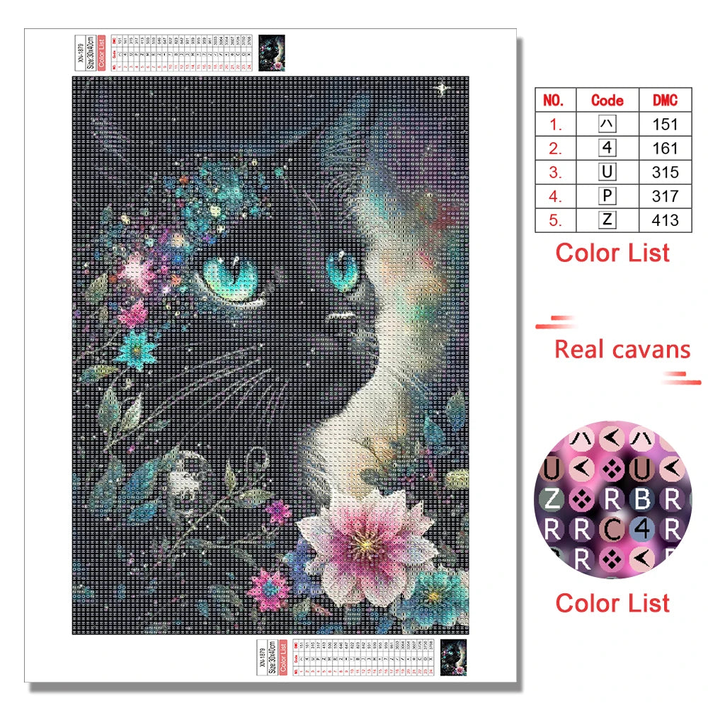 Diamond Painting Chat Noir et Fleurs