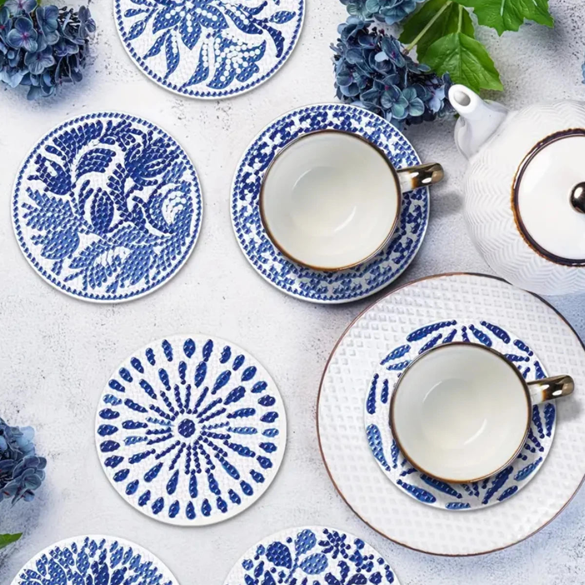 Sous-Verres Diamond Painting Porcelaine Bleue — Lot de 8