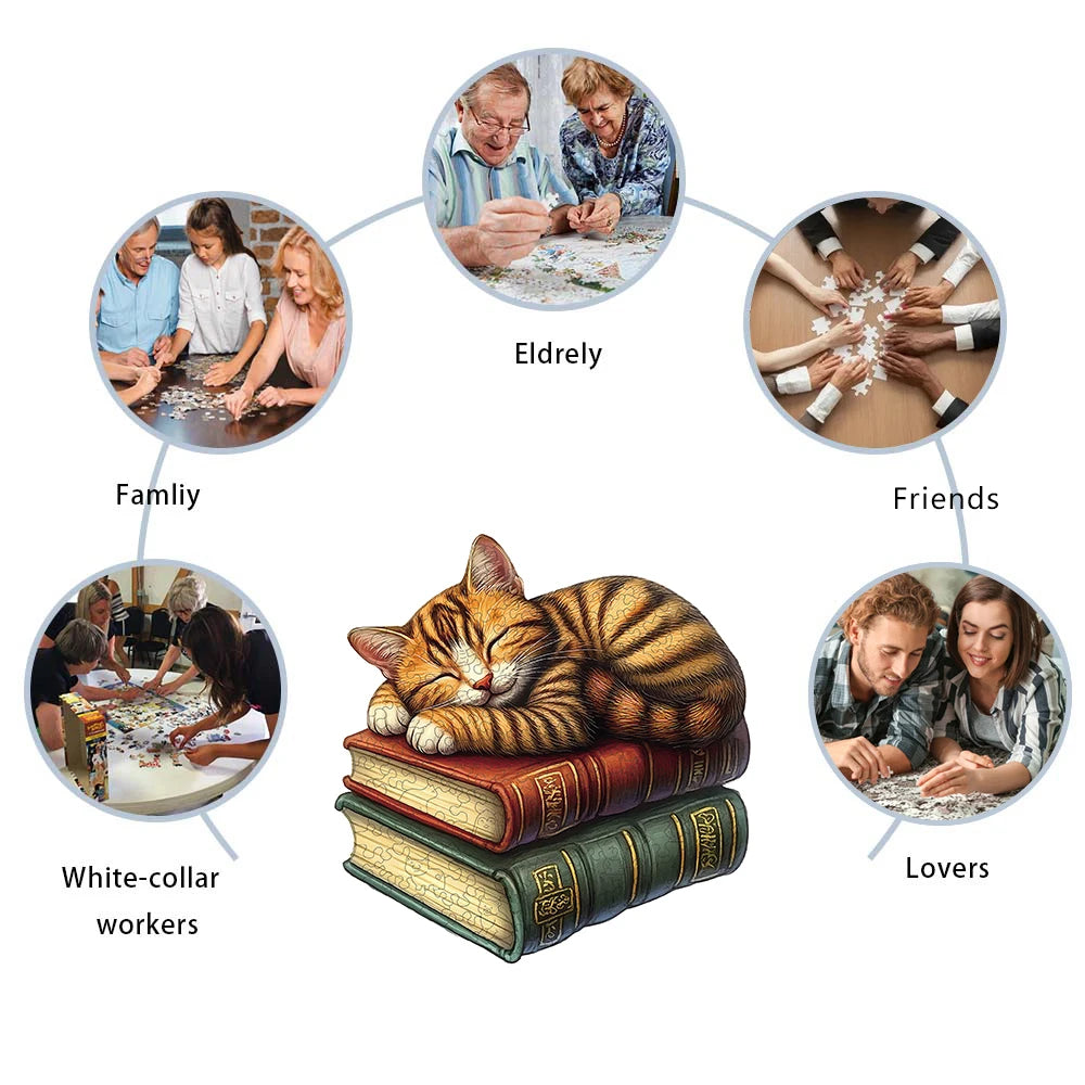 Puzzle en Bois Chat Endormi sur le Livre