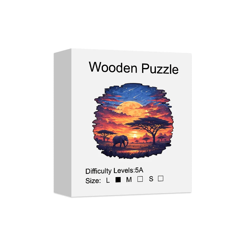 Puzzle en Bois Éléphant au Couchant