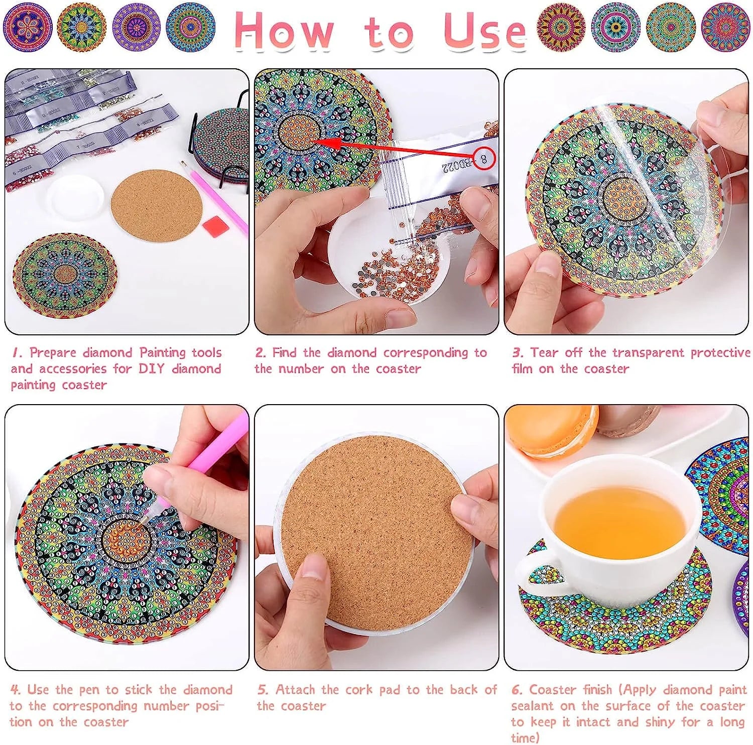 Sous-Verres Diamond Painting Mandala — Lot de 8