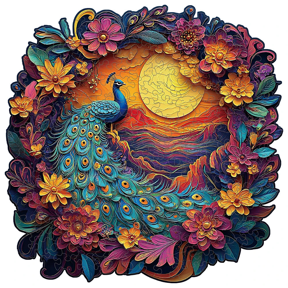 Puzzle en Bois Paon en Couronne de Fleurs