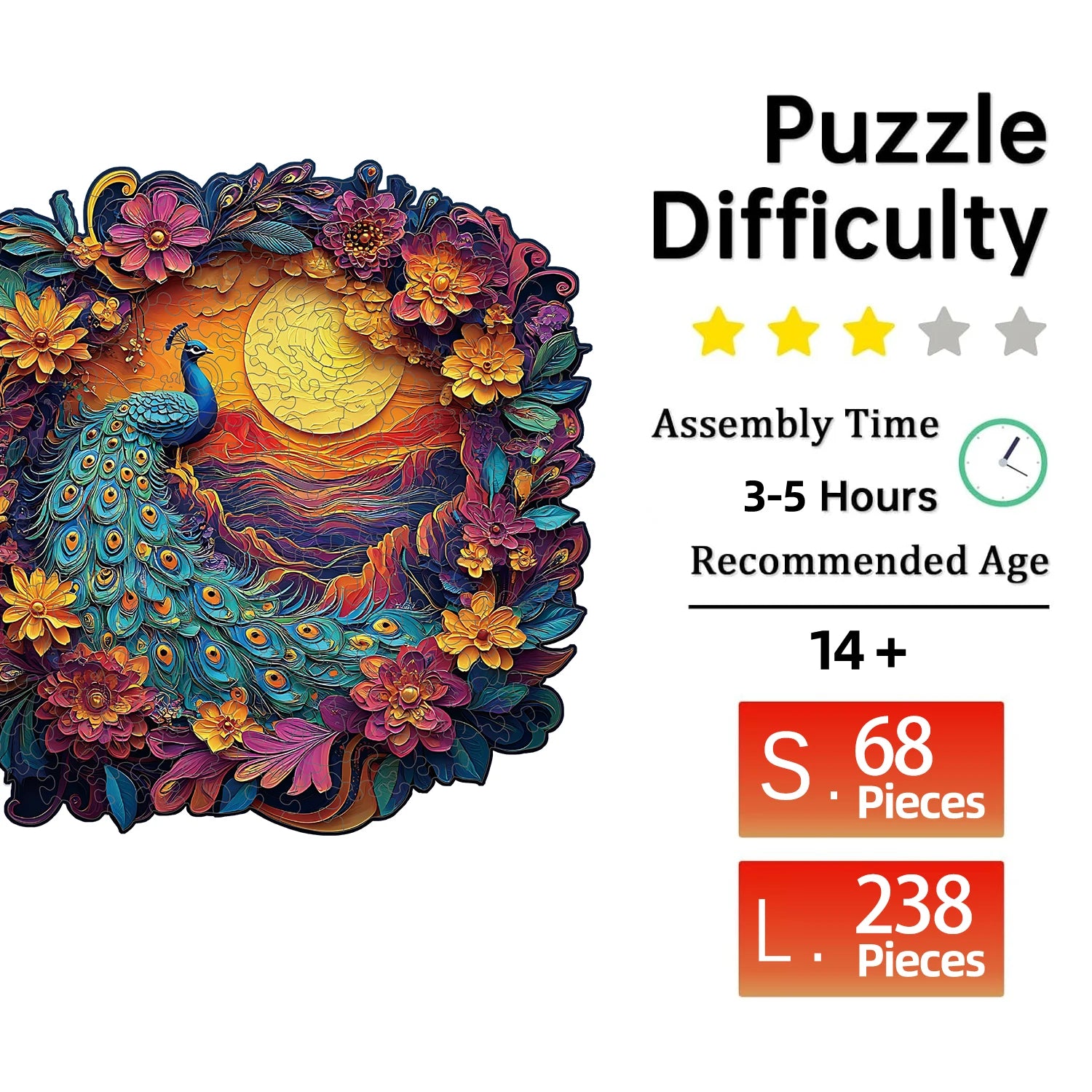 Puzzle en Bois Paon en Couronne de Fleurs